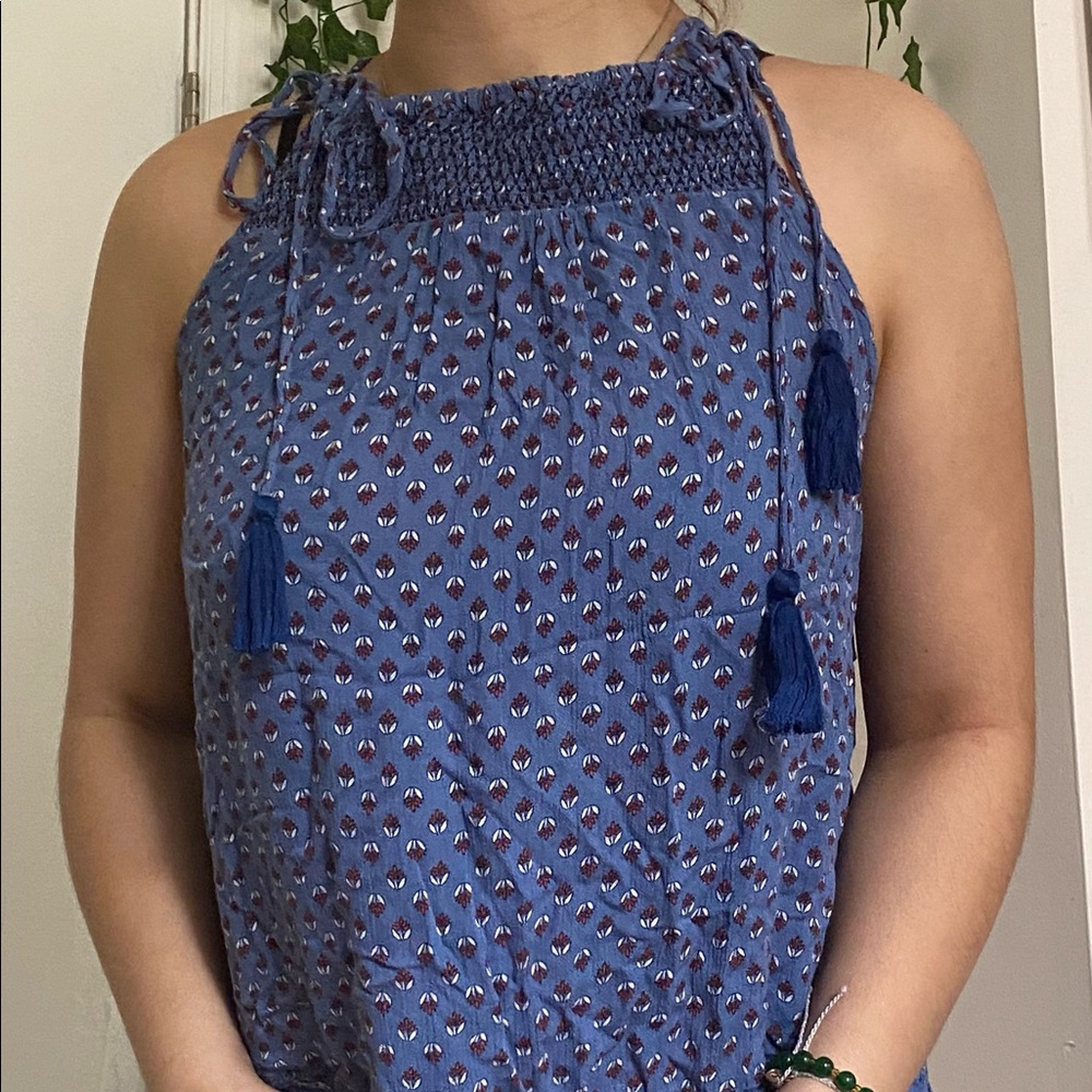 2 blue white and red smock tie sleeveless shirt